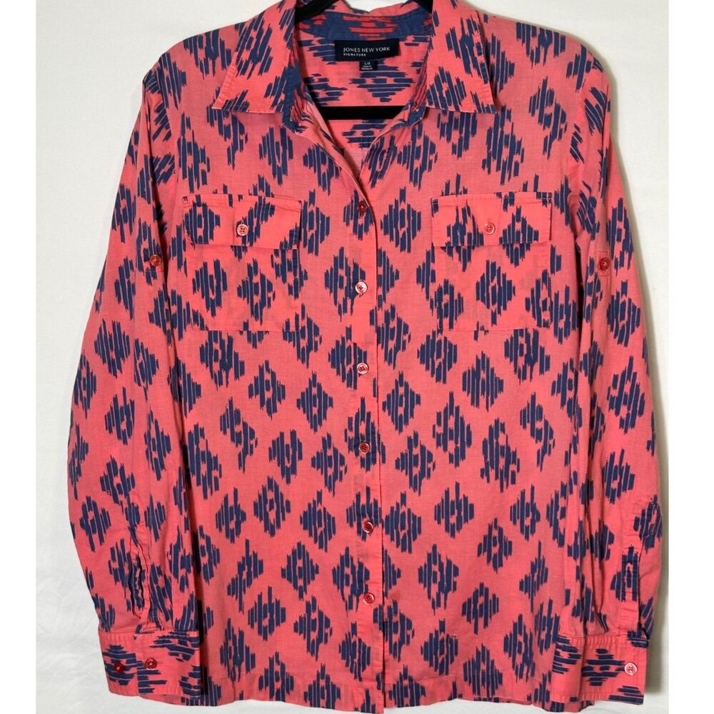 Jones New York Signature Women's Pink Blue Southwestern Design Tab Sleeve SZ L
